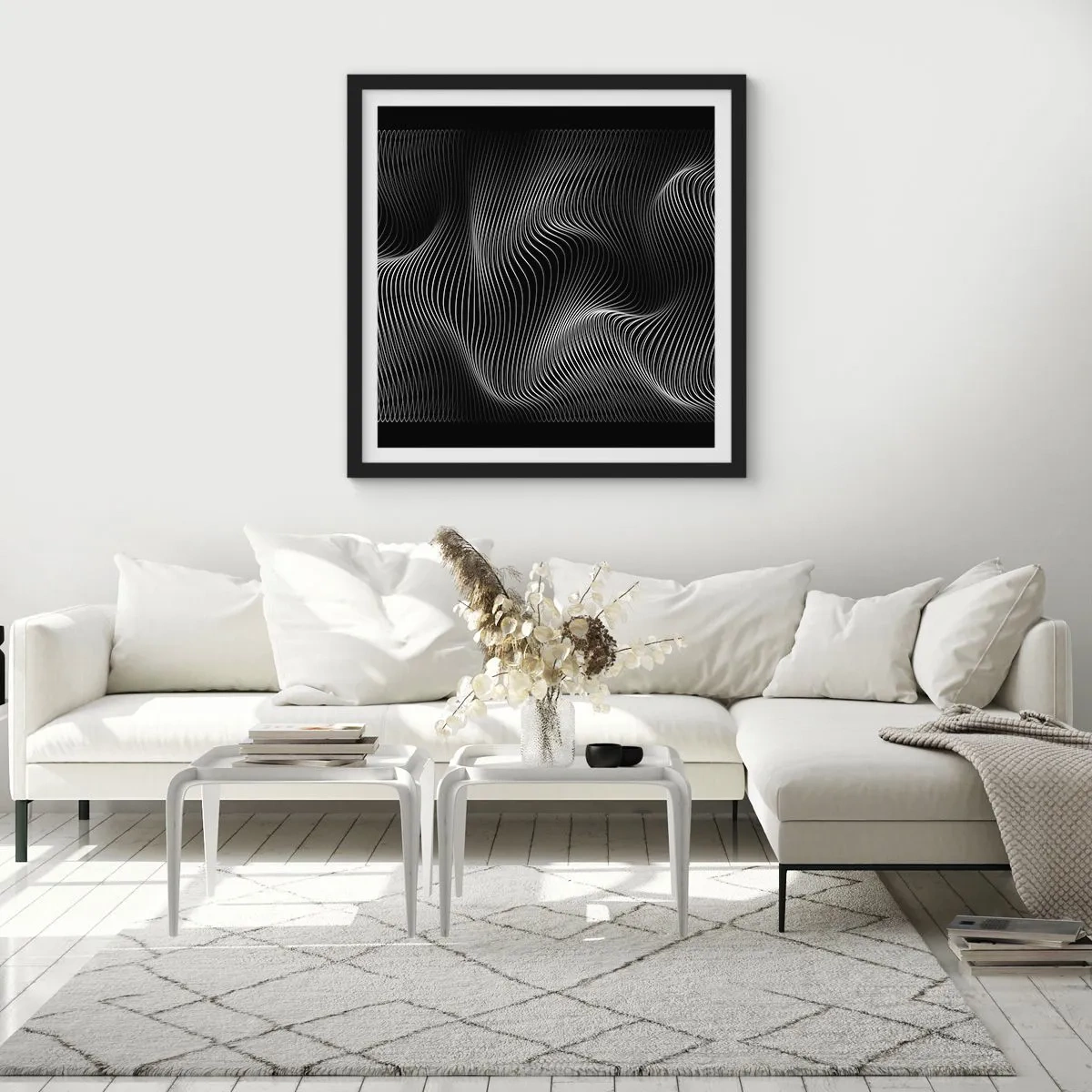 Plakat i sort ramme - Lysets dans i rummet - 30x30 cm