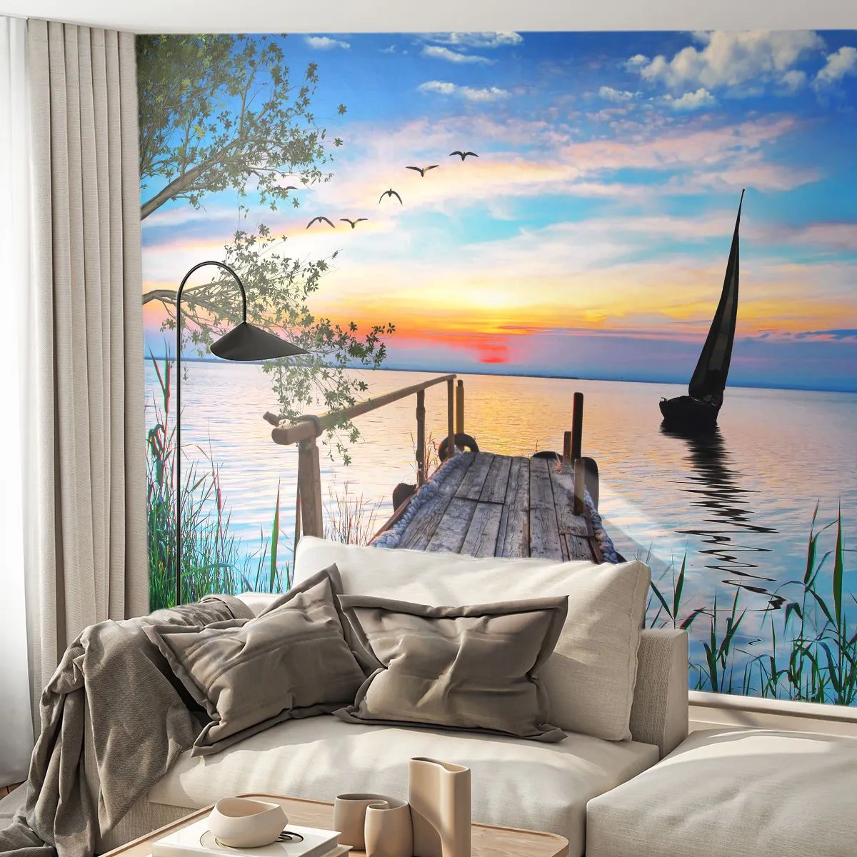 Fototapet Premium Sand - Godaften - Landskab, Sø, træbro - 100x70 cm