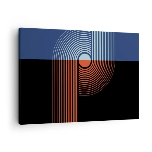 Lærredstryk - Billede på lærred - Geometrisk abstraktion med linjer i marineblå og orange. - 70x50cm - I en geometrisk omfavnelse - Moderne vægdekoration til stue og soveværelse ARTTOR