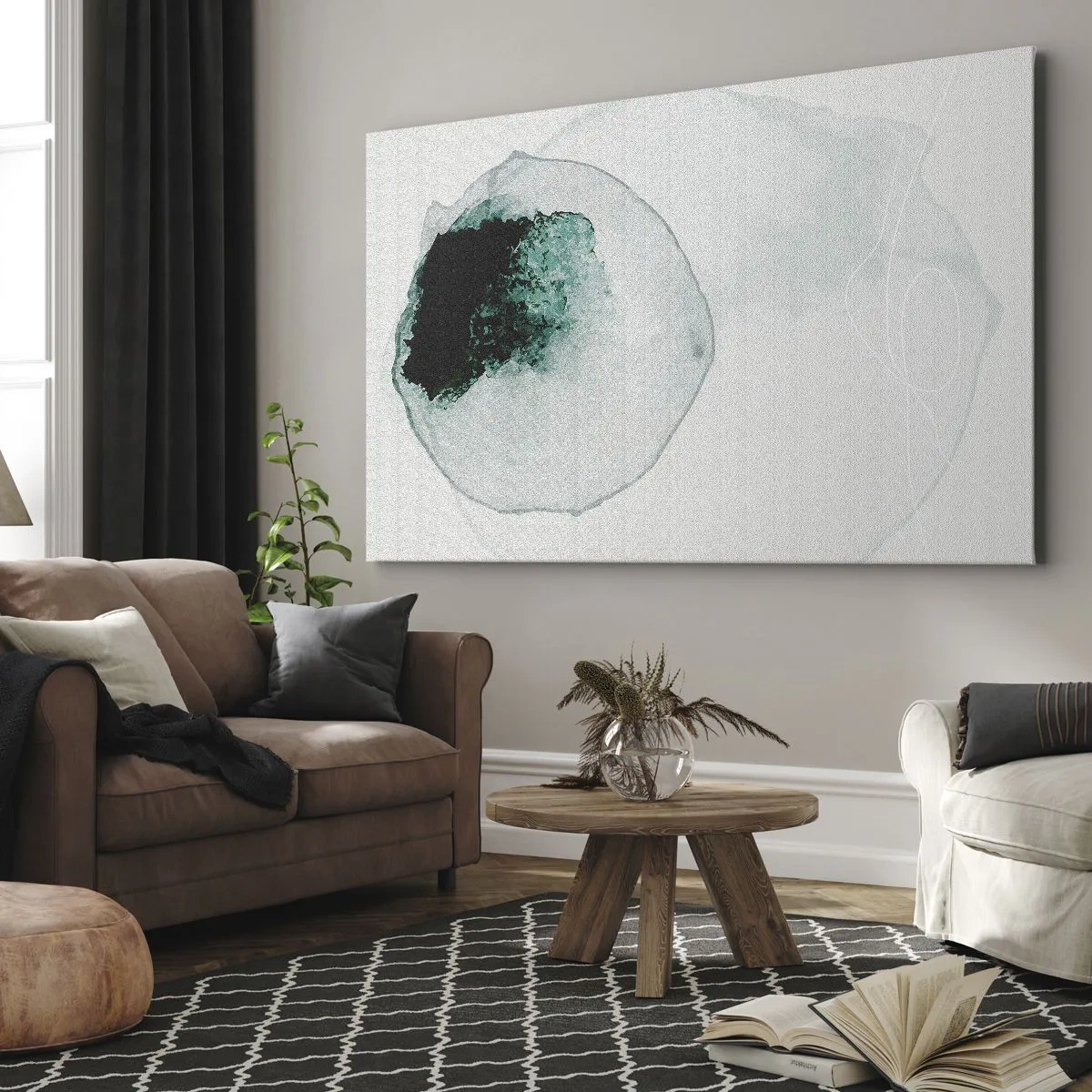 Lærredstryk - Billede på lærred - Abstrakt vanddråbe med nuancer af grønt og sort - 70x50cm - I en dråbe vand - Moderne vægdekoration til stue og soveværelse ARTTOR