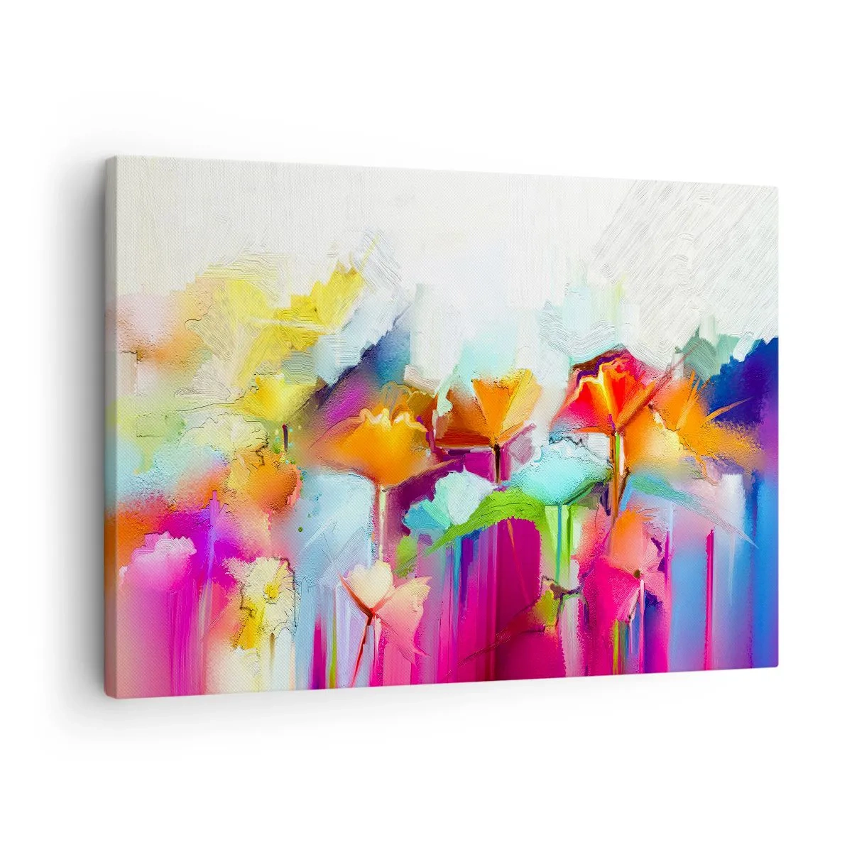 Lærredstryk - Billede på lærred - Abstrakte farverige blomster på en lys baggrund - 70x50cm - Regnbuen i blomstring - Moderne vægdekoration til stue og soveværelse ARTTOR