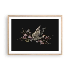 Plakat i ramme af lyst egetræ - Eksotisk broderet fugl - 70x50 cm