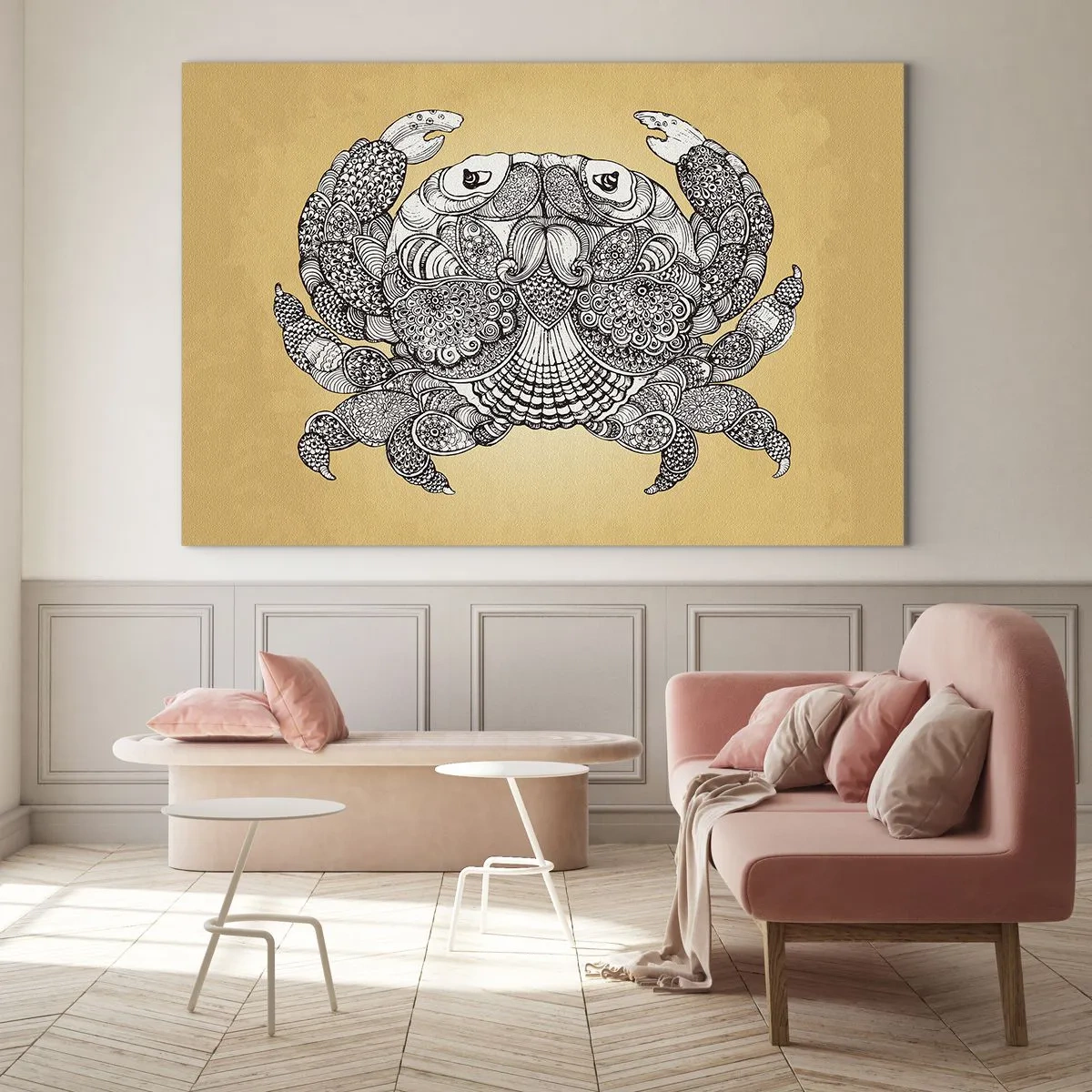 Billede på glas - Stiliseret tegning af en krabbe med ornamenter på en gul baggrund - 70x50cm - Fortællinger om hr. krabbe - Moderne vægdekoration til stue og soveværelse ARTTOR