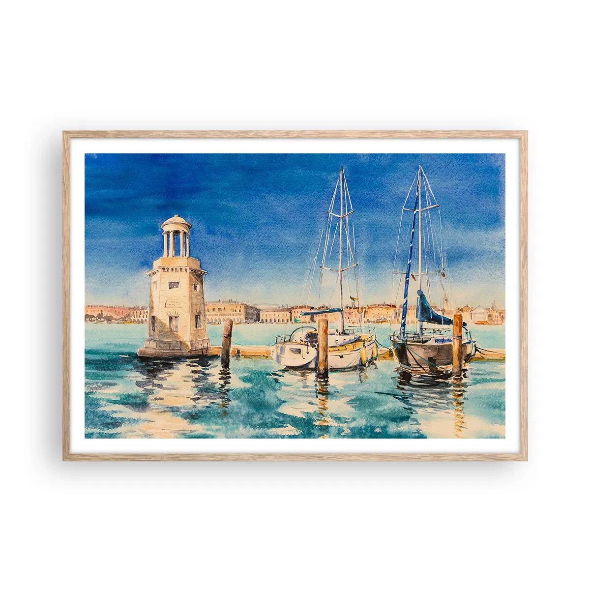 Plakat i ramme af lyst egetræ - Solrig lagune - 100x70 cm