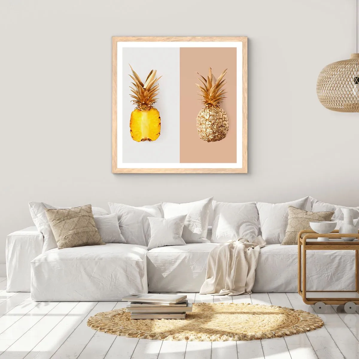 Plakat i ramme af lyst egetræ - Ananas til os - 40x40 cm