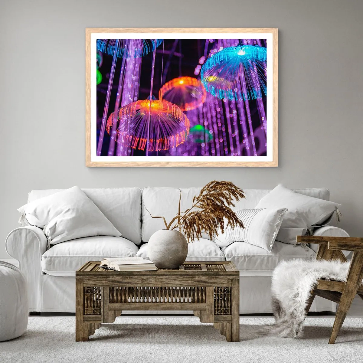 Plakat i ramme af lyst egetræ - Lysende springvand - 100x70 cm