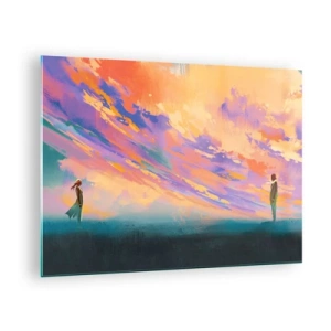 Billede på glas - To personer mod en farverig solnedgangshimmel som baggrund - 70x50cm - Tiltrækningskraft - Moderne vægdekoration til stue og soveværelse ARTTOR