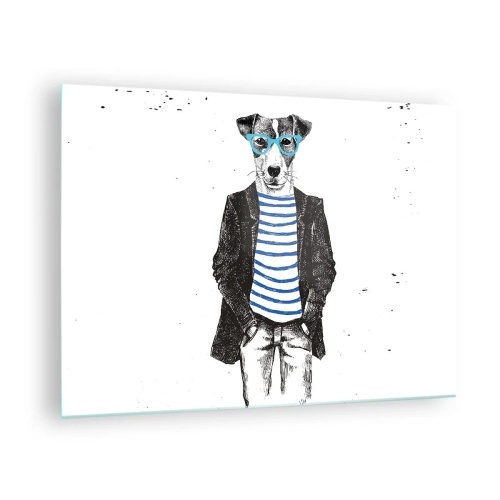 Billede på glas - Illustration af en hund iført en sømandsskjorte og briller på en hvid baggrund - 70x50cm - En charme til hunden - Moderne vægdekoration til stue og soveværelse ARTTOR