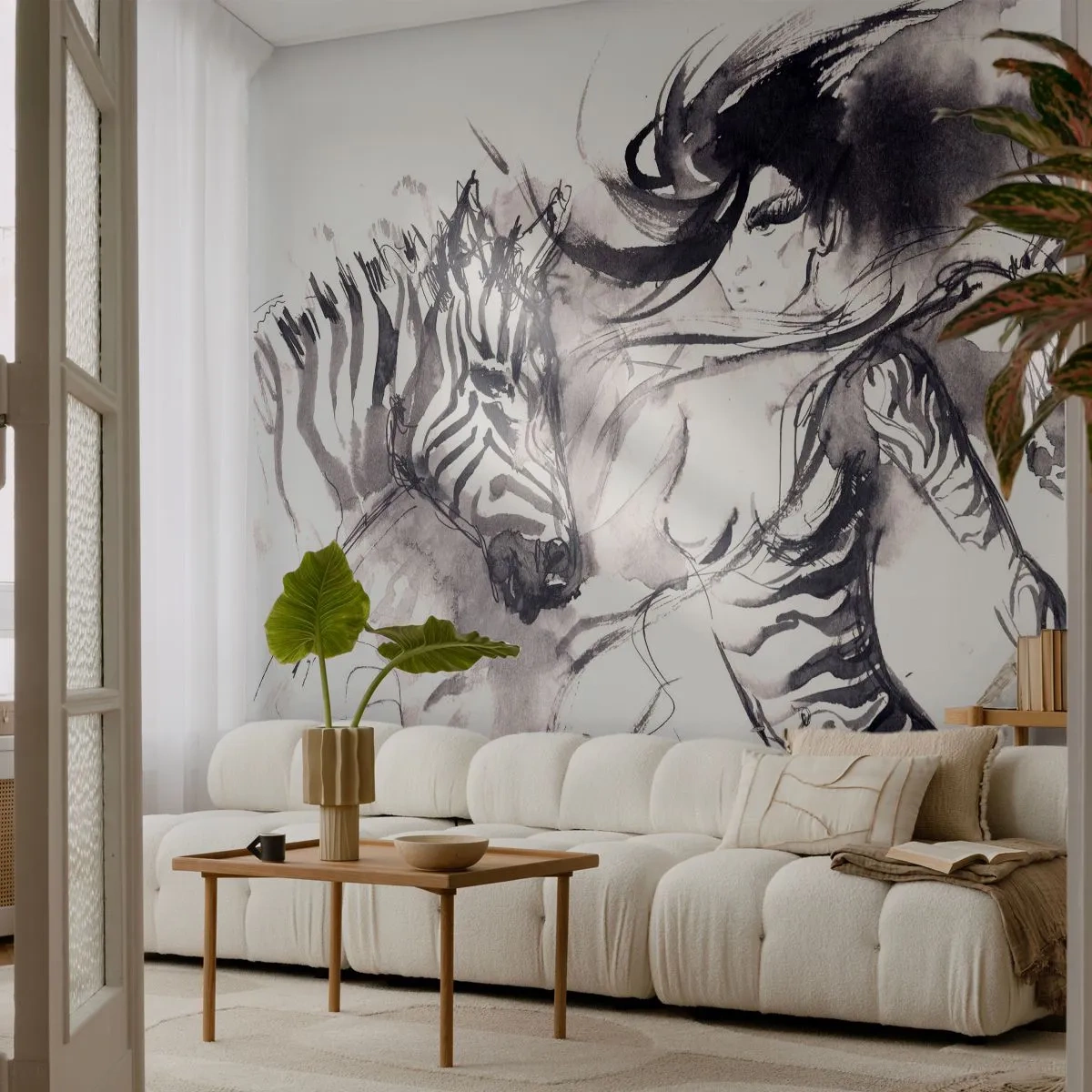 Fototapet Premium Sand - Danser med zebraer - Abstraktion, Kvinde, Ribben - 100x70 cm