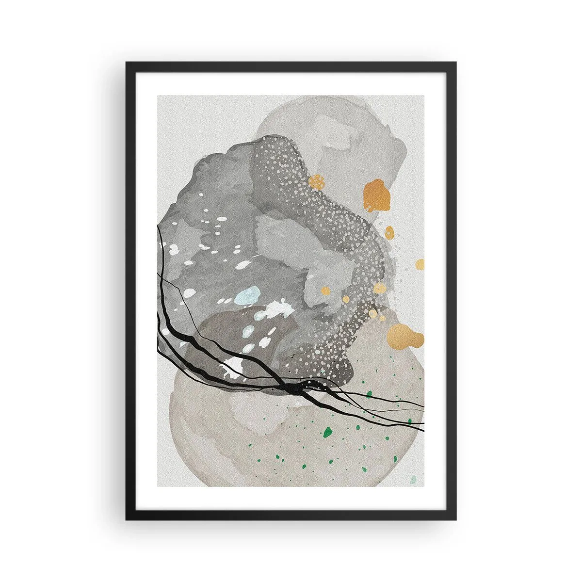 Plakat i sort ramme - En komposition af organiske former i nuancer af grå og guld. - 50x70cm - Organisk komposition - Moderne vægdekoration til stue og soveværelse ARTTOR