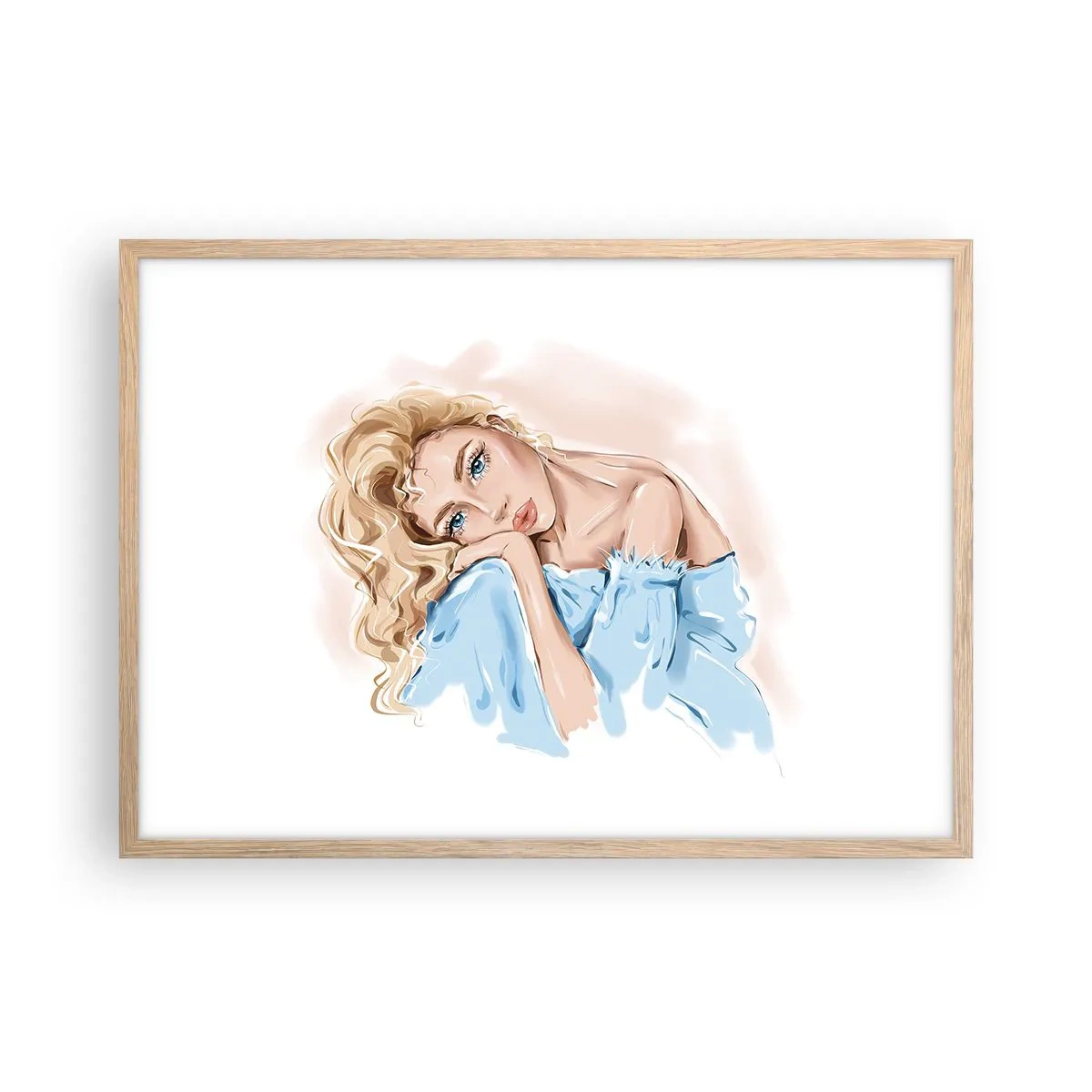 Plakat i ramme af lyst egetræ - Drømmende i blåt - 70x50 cm