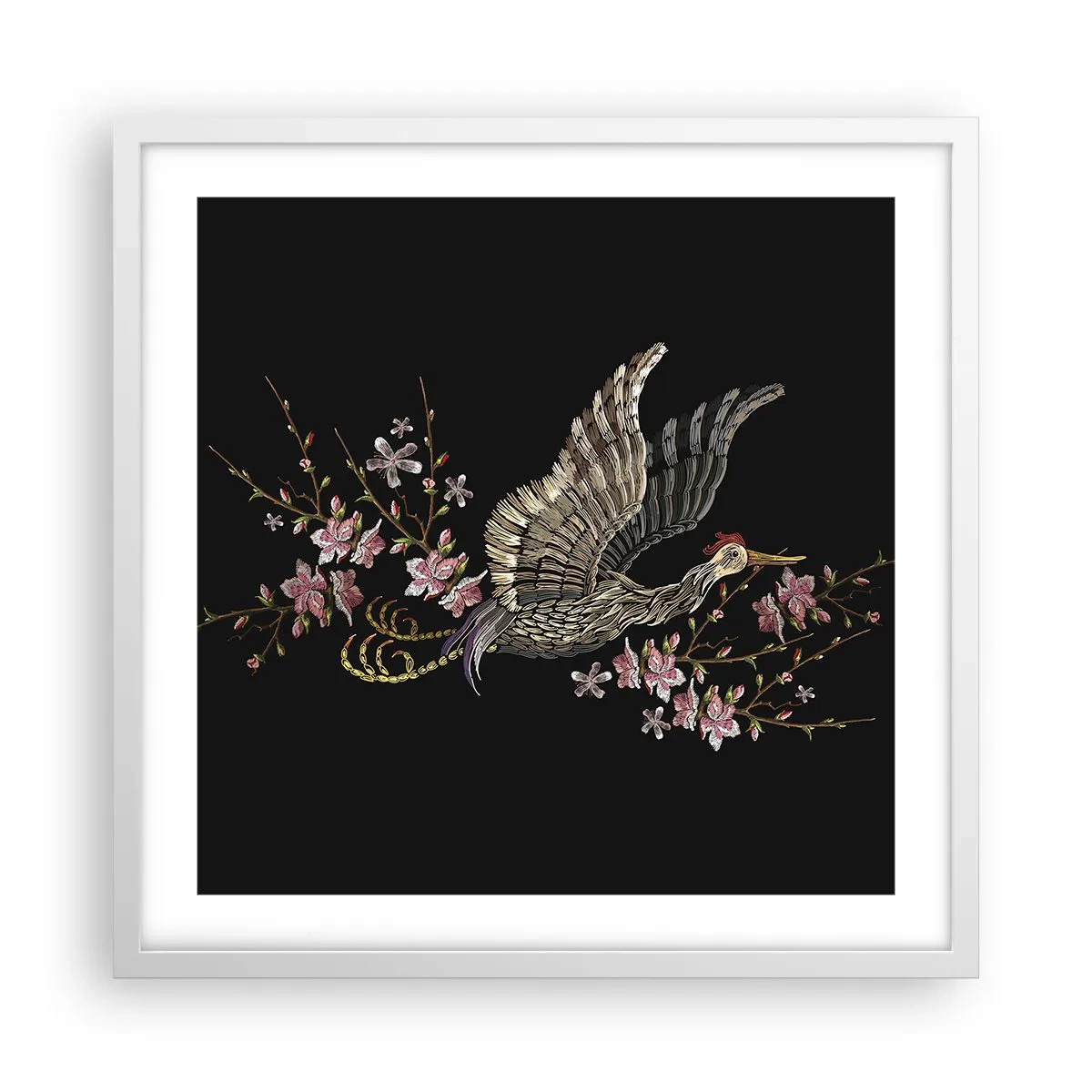 Plakat i hvid ramme - Eksotisk broderet fugl - 50x50 cm