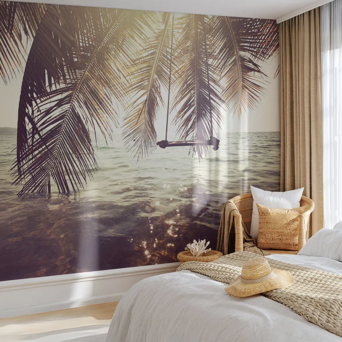 Fototapet Premium Sand - Du kan svæve i skyerne efter behag - Landskab, Kokospalme, Hav - 250x175 cm