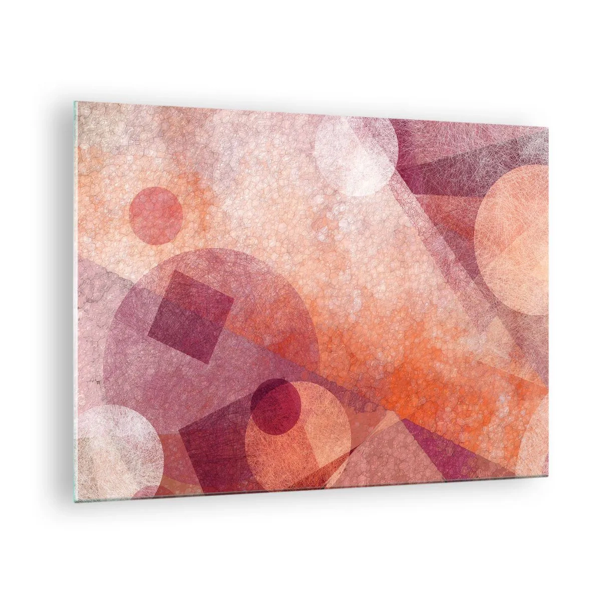 Billede på glas - Abstrakt geometrisk komposition i nuancer af lyserød og orange - 70x50cm - Geometriske transformationer i pink - Moderne vægdekoration til stue og soveværelse ARTTOR