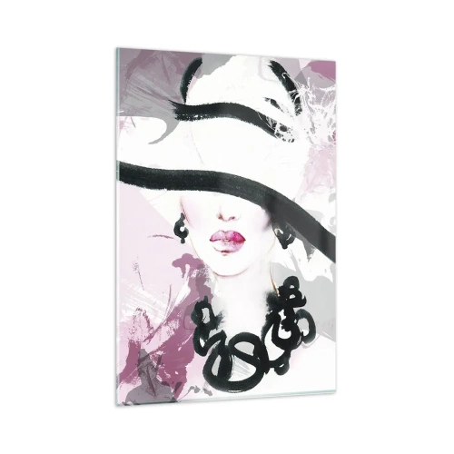 Billede på glas - Portræt af en dame i sort og lyserødt - 80x120 cm