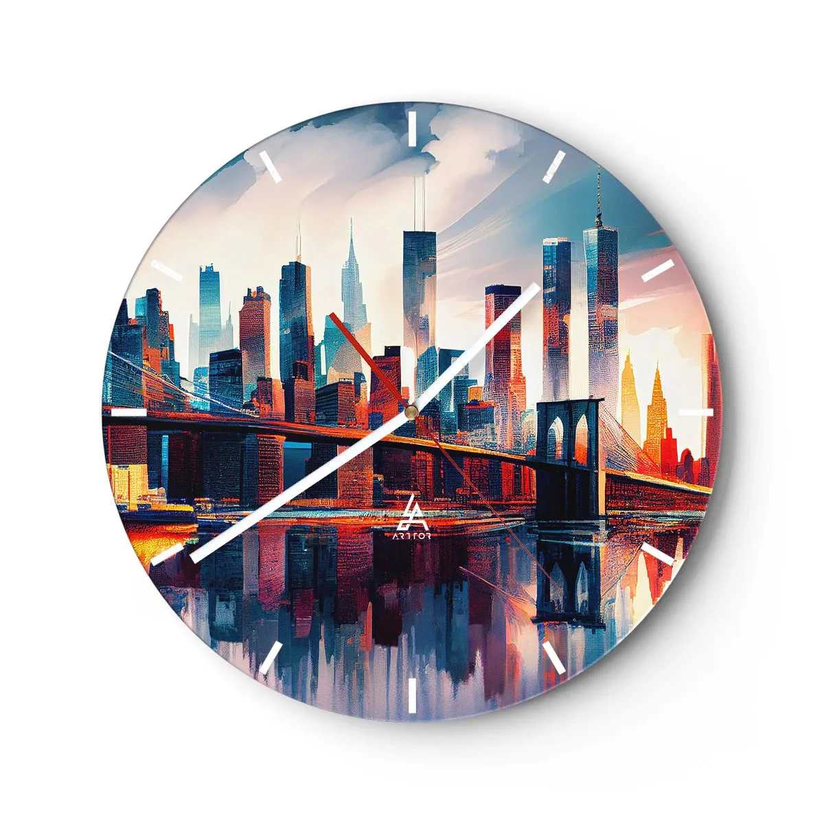 Vægur, Uret - New York Citys skyline med bro og refleksion i vand ved solnedgang - 30x30cm - Fænomenale New York - Moderne vægdekoration til stue, køkken og soveværelse ARTTOR
