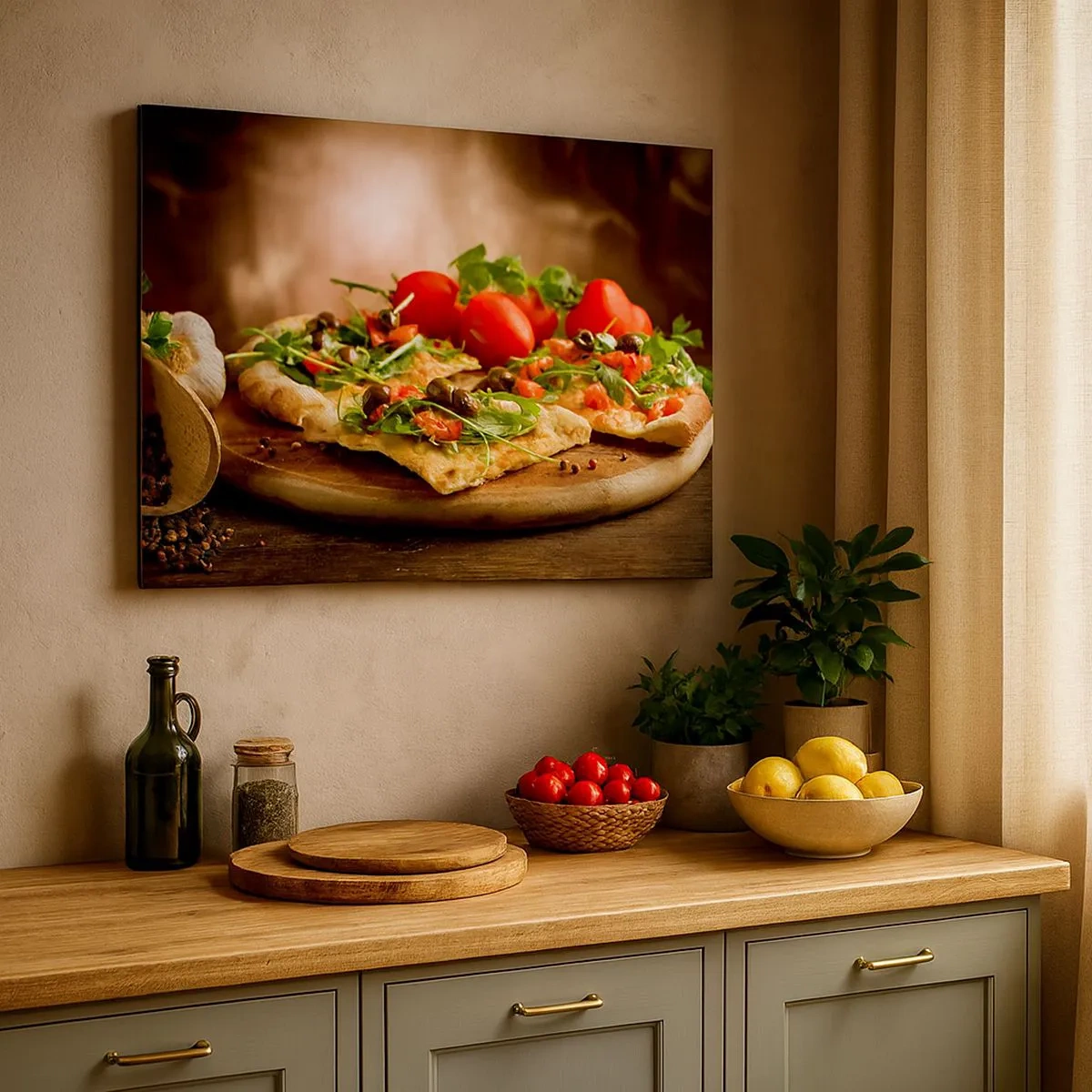 Lærredstryk - Billede på lærred - Pizza med grøntsager på en træplade i rustik stil - 70x50cm - Direkte fra ovnen og fra haven - Moderne vægdekoration til stue og soveværelse ARTTOR
