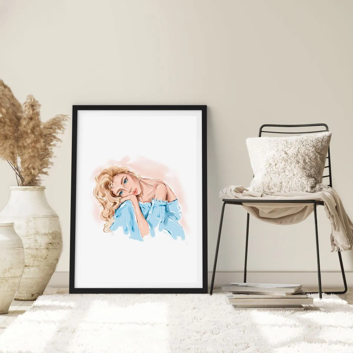 Plakat i sort ramme - Et diskret portræt af en kvinde i sarte farver - 50x70cm - Drømmende i blåt - Moderne vægdekoration til stue og soveværelse ARTTOR
