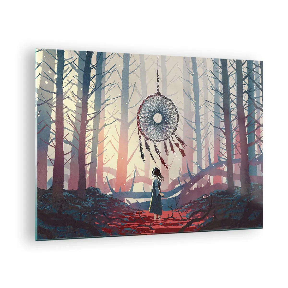 Billede på glas - En skikkelse i skoven ser på en stor drømmefanger, der svæver i luften. - 70x50cm - Det hemmelige ritual for lykke - Moderne vægdekoration til stue og soveværelse ARTTOR