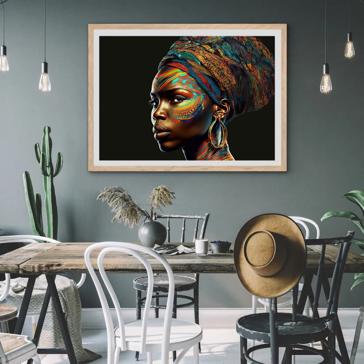 Plakat i ramme af lyst egetræ - Afrikansk dronning - 100x70 cm
