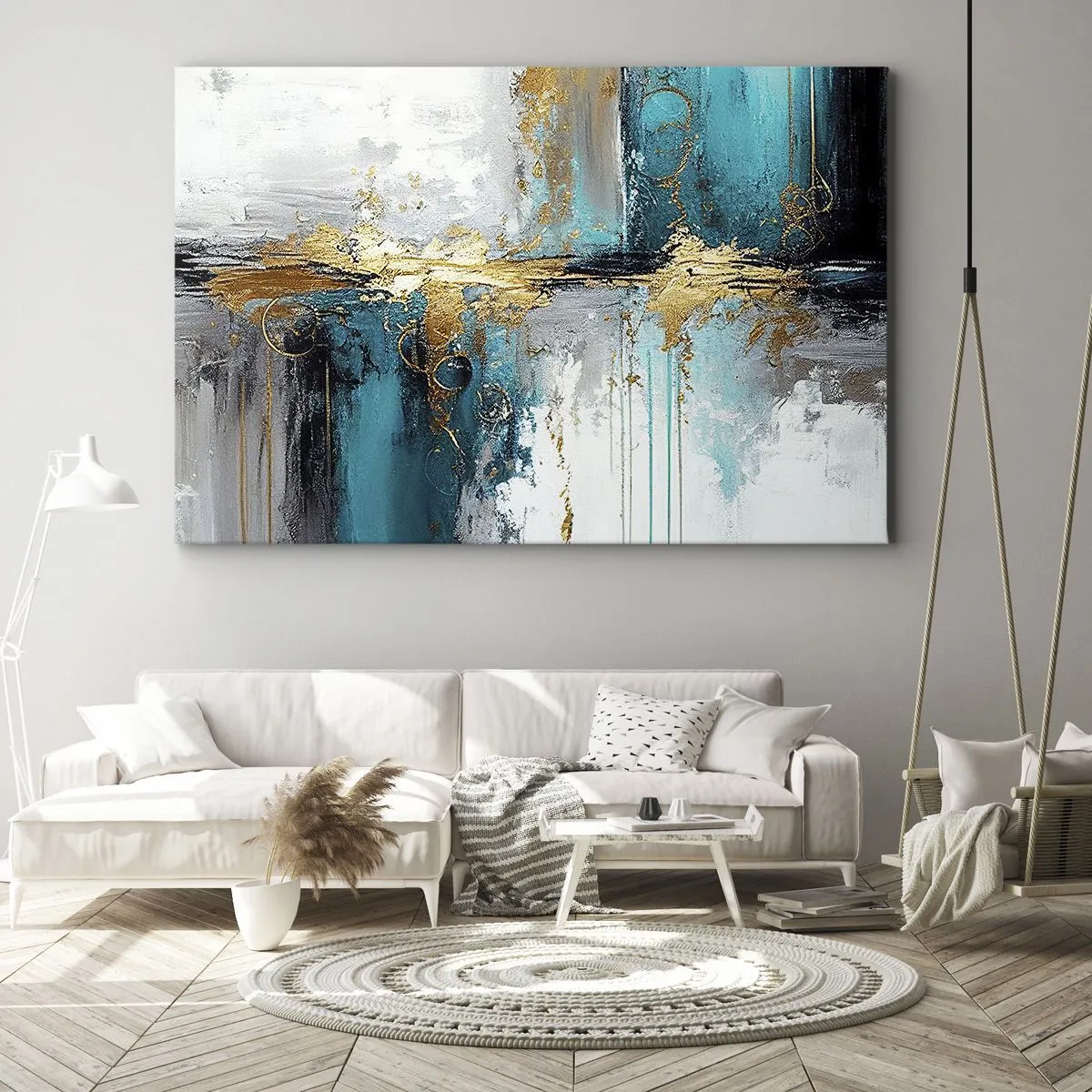 Lærredstryk - Billede på lærred - En abstrakt komposition med turkis og guld accenter. - 70x50cm - Alting flyder - Moderne vægdekoration til stue og soveværelse ARTTOR