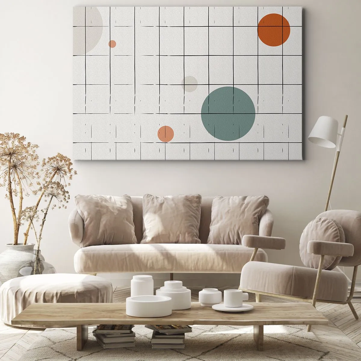 Lærredstryk - Billede på lærred - Abstrakte farvede cirkler på en geometrisk gitterbaggrund - 70x50cm - Fanget i en fælde. Os eller dem? - Moderne vægdekoration til stue og soveværelse ARTTOR