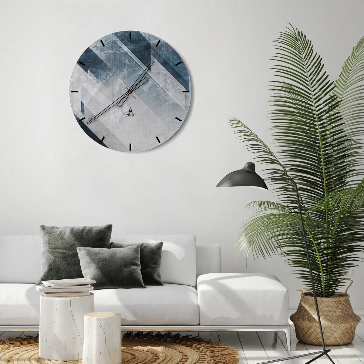 Vægur, Uret - Geometriske striber i nuancer af grå og marineblå skaber dybde - 30x30cm - Rumlig komposition - bevægelse af gråtoner - Moderne vægdekoration til stue, køkken og soveværelse ARTTOR
