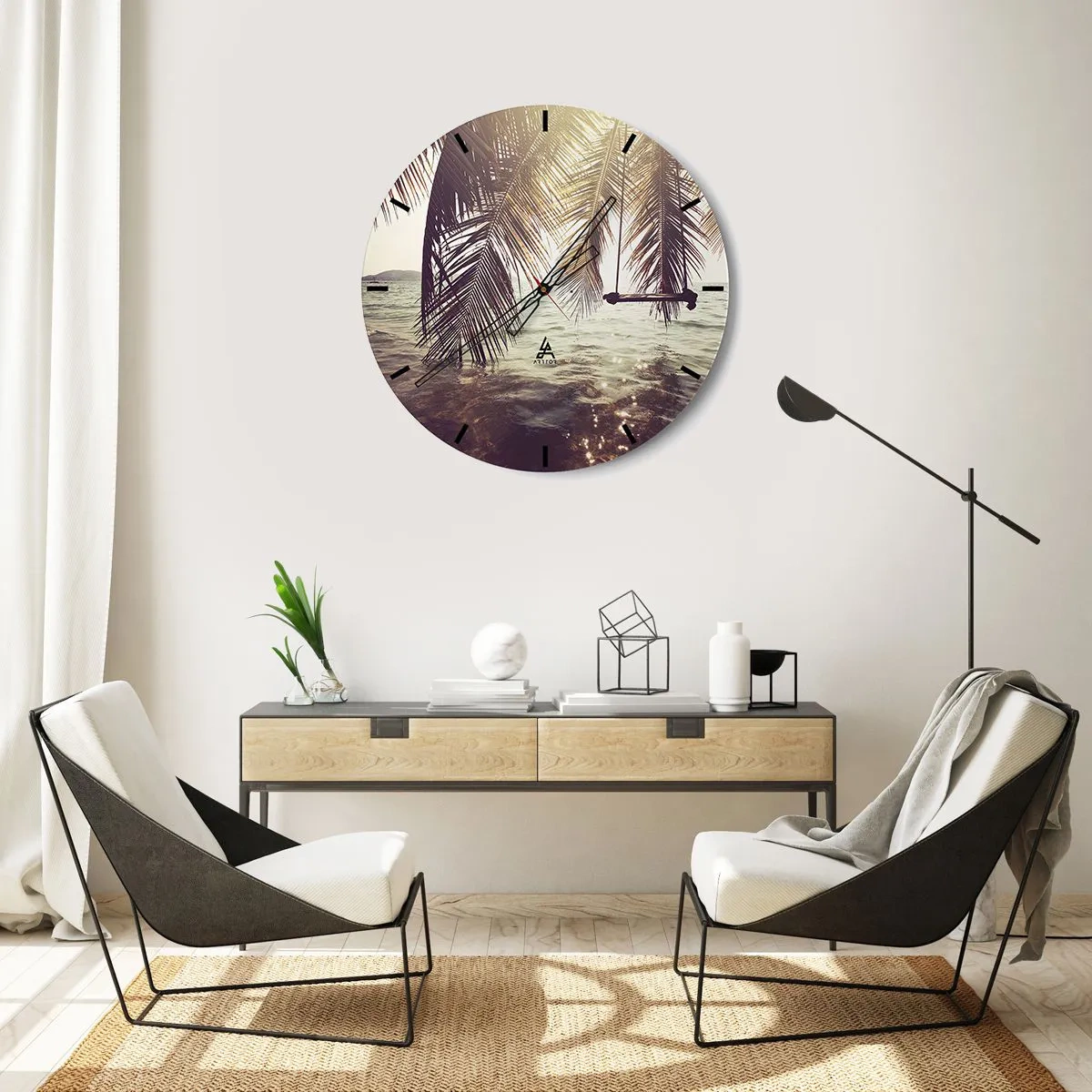 Vægur, Uret - Hængekøjer og palmer over vandet ved solnedgang - 30x30cm - Du kan svæve i skyerne efter behag - Moderne vægdekoration til stue, køkken og soveværelse ARTTOR