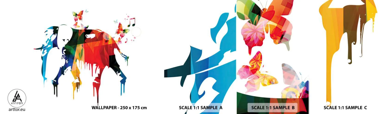 Prøve Fototapet Selvklæbende Deluxe Sticker - Alle kan danse - Abstraktion, Elefant, Sommerfugl - 100x30 cm