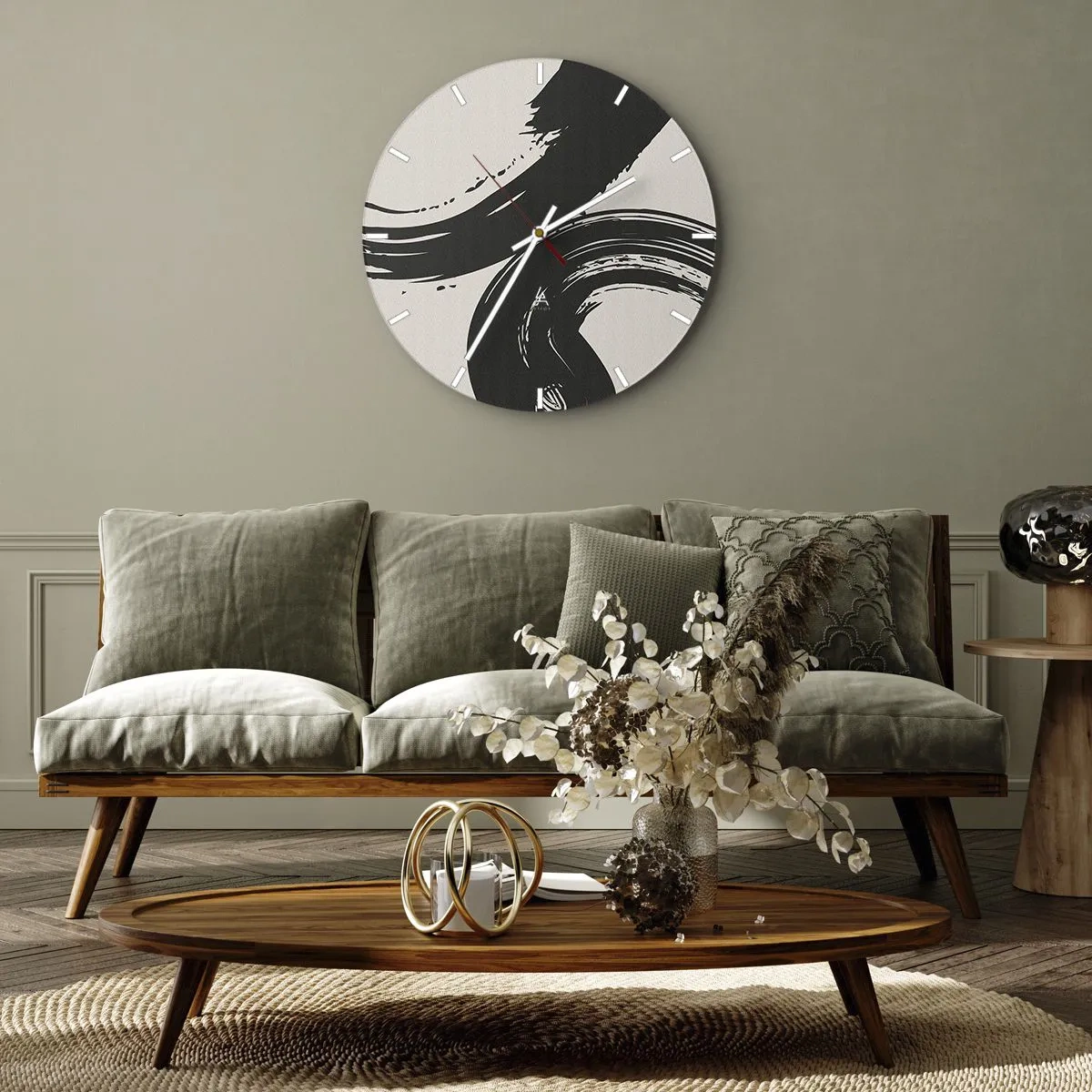 Vægur, Uret - Sorte, fejende streger på en lys baggrund - 30x30cm - Fejende og cirkulær - Moderne vægdekoration til stue, køkken og soveværelse ARTTOR