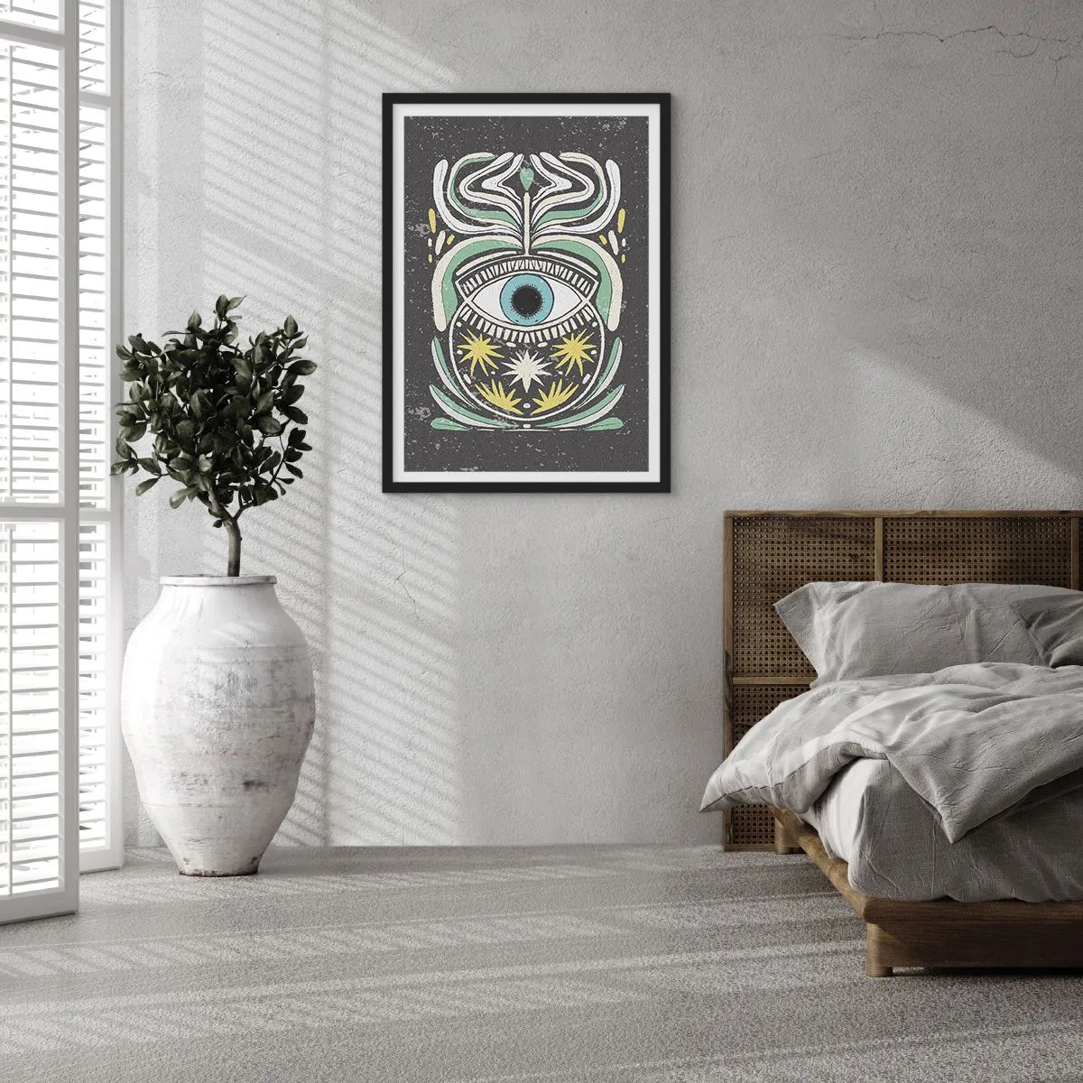 Plakat i sort ramme - Et symbolsk øje omgivet af plantemønstre på en mørk baggrund. - 50x70cm - Stammeritualer - Moderne vægdekoration til stue og soveværelse ARTTOR