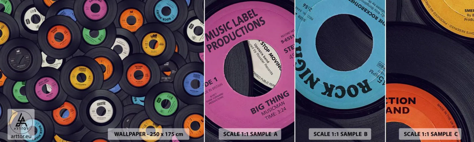 Prøve Fototapet Selvklæbende Deluxe Sticker - Farver fra klassikerne - Vinyl, musik, Årgang - 100x30 cm