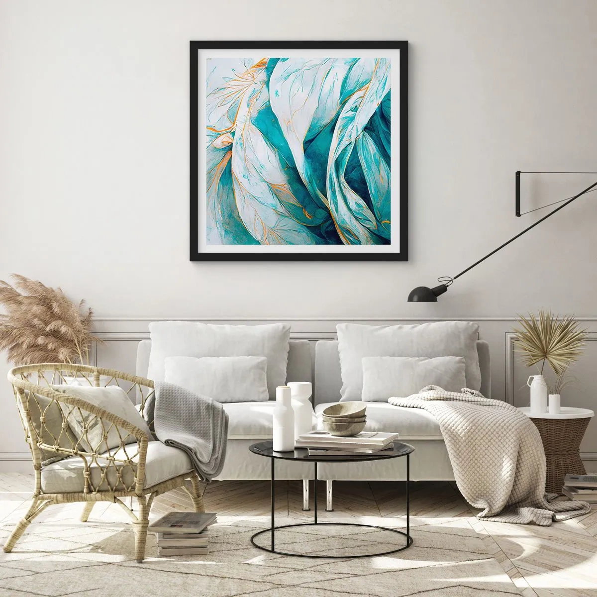 Plakat i sort ramme - Blå abstraktion med et guldmotiv - 30x30 cm