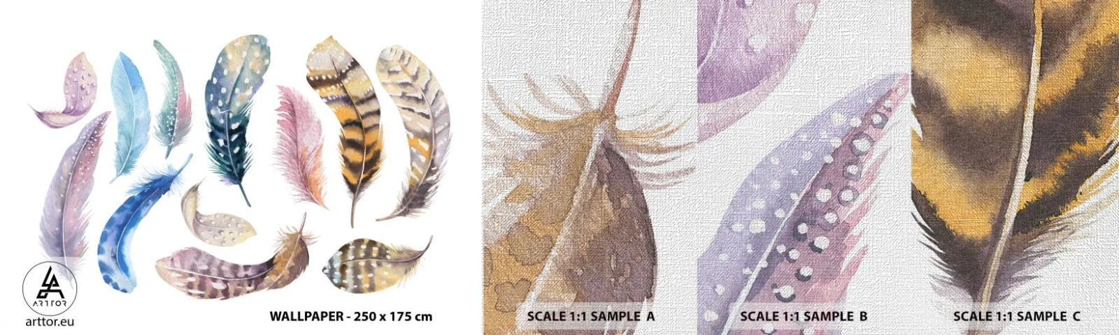 Prøve Fototapet Premium Canvas - Letvægts, farverig og flerfarvet - Fuglefjer, Fugle, Grafik - 100x30 cm