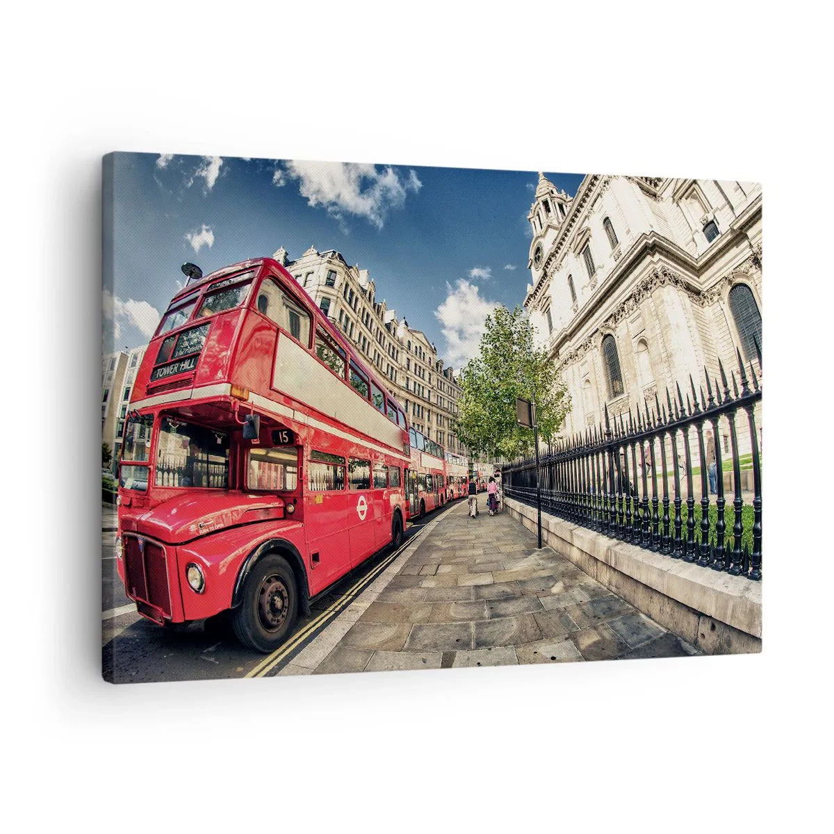 Lærredstryk - Billede på lærred - Rød dobbeltdækkerbus i London nær gaden og katedralen - 70x50cm - Gade i London i grå og rødt - Moderne vægdekoration til stue og soveværelse ARTTOR