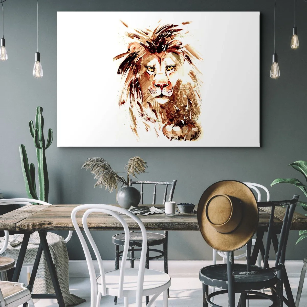 Lærredstryk - Billede på lærred - Akvarelportræt af en løve med intense detaljer - 70x50cm - Styrke og værdighed - Moderne vægdekoration til stue og soveværelse ARTTOR