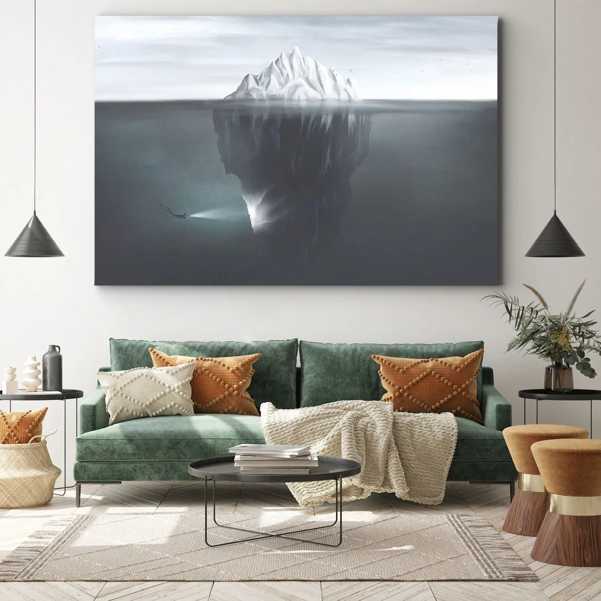 Lærredstryk - Billede på lærred - Et isbjerg i vandet med en dykker og en projektør under overfladen. - 70x50cm - Undervands-mysterium - Moderne vægdekoration til stue og soveværelse ARTTOR