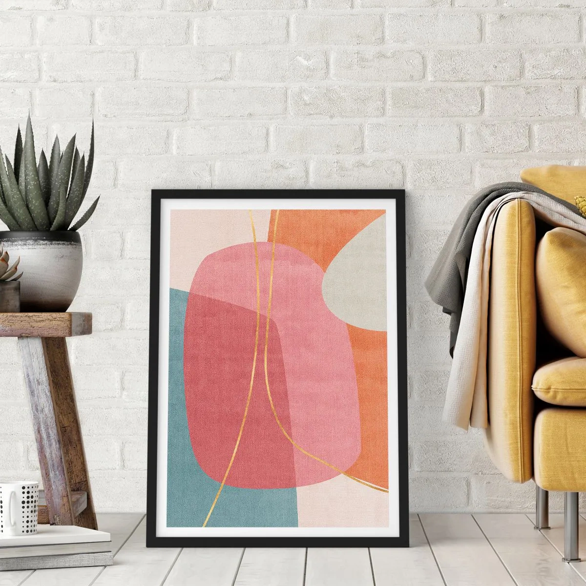 Plakat i sort ramme - Farverig abstraktion med geometriske former og gyldne linjer - 50x70cm - Pastelkomposition med guldtråd - Moderne vægdekoration til stue og soveværelse ARTTOR