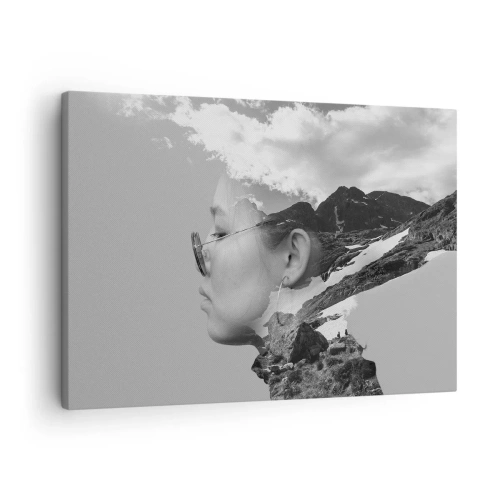 Lærredstryk - Billede på lærred - En sort-hvid komposition med en kvindesilhuet og et bjerglandskab. - 70x50cm - Portræt af toppen og skyen - Moderne vægdekoration til stue og soveværelse ARTTOR