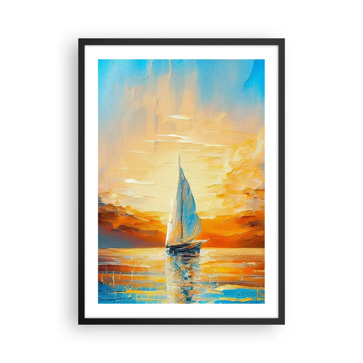 Plakat i sort ramme - En sejlbåd mod en gylden solnedgangs baggrund - 50x70cm - Sejler i guld - Moderne vægdekoration til stue og soveværelse ARTTOR