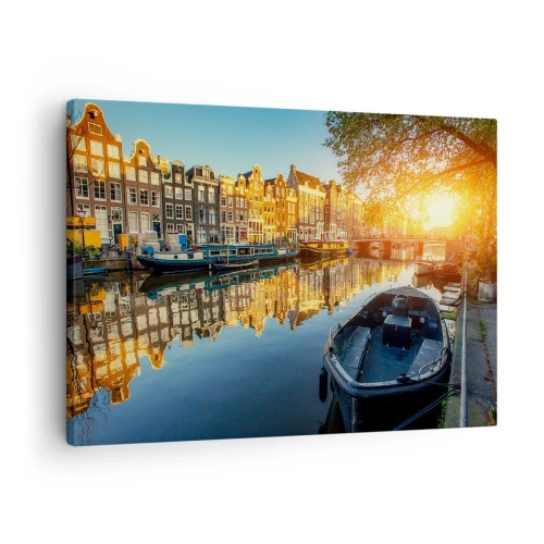 Lærredstryk - Billede på lærred - Amsterdam-kanalen ved solnedgang - 70x50cm - Morgen i Amsterdam - Moderne vægdekoration til stue og soveværelse ARTTOR