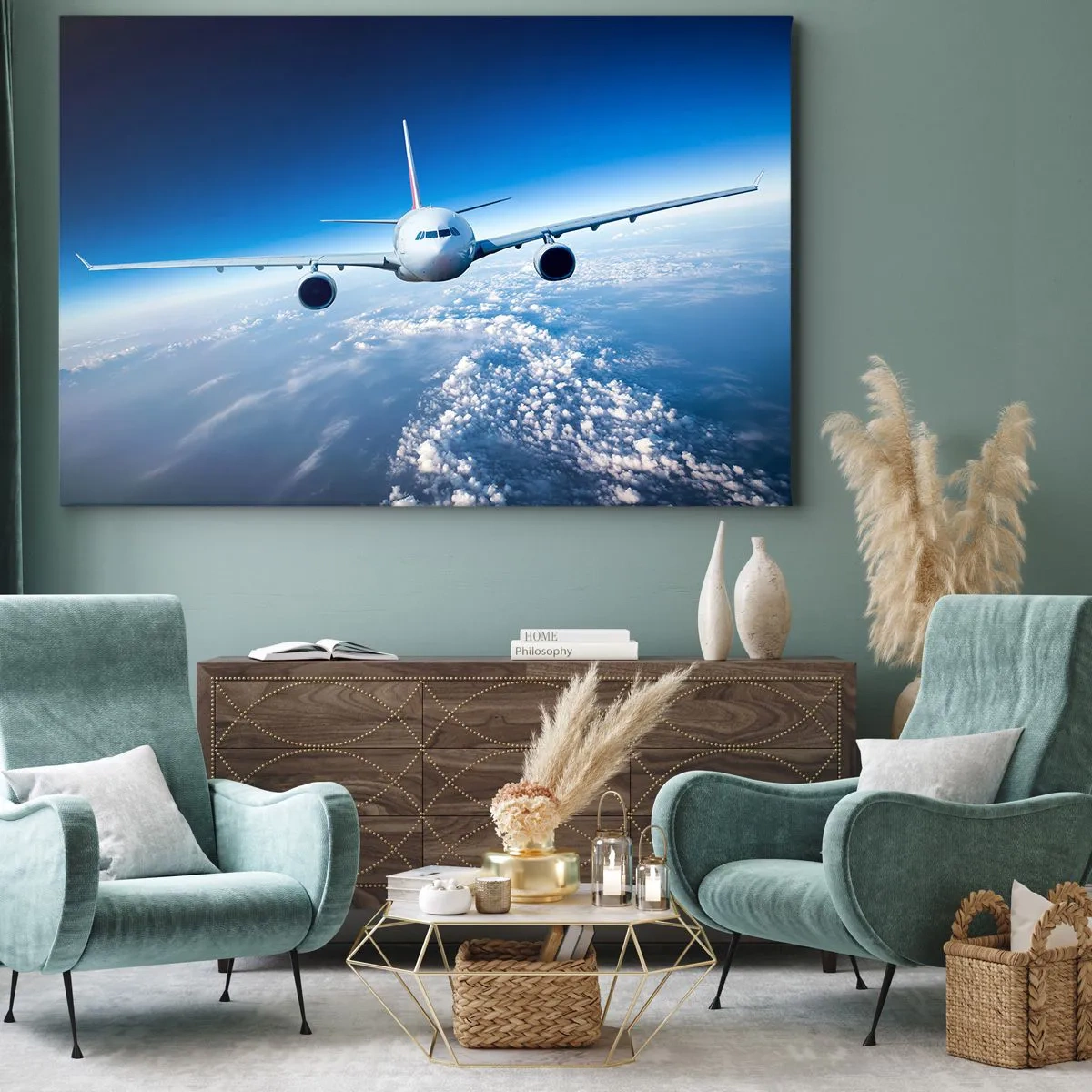 Lærredstryk - Billede på lærred - Et fly, der flyver over skyerne mod en blå himmel - 70x50cm - Jeg går, fordi jeg vil - Moderne vægdekoration til stue og soveværelse ARTTOR