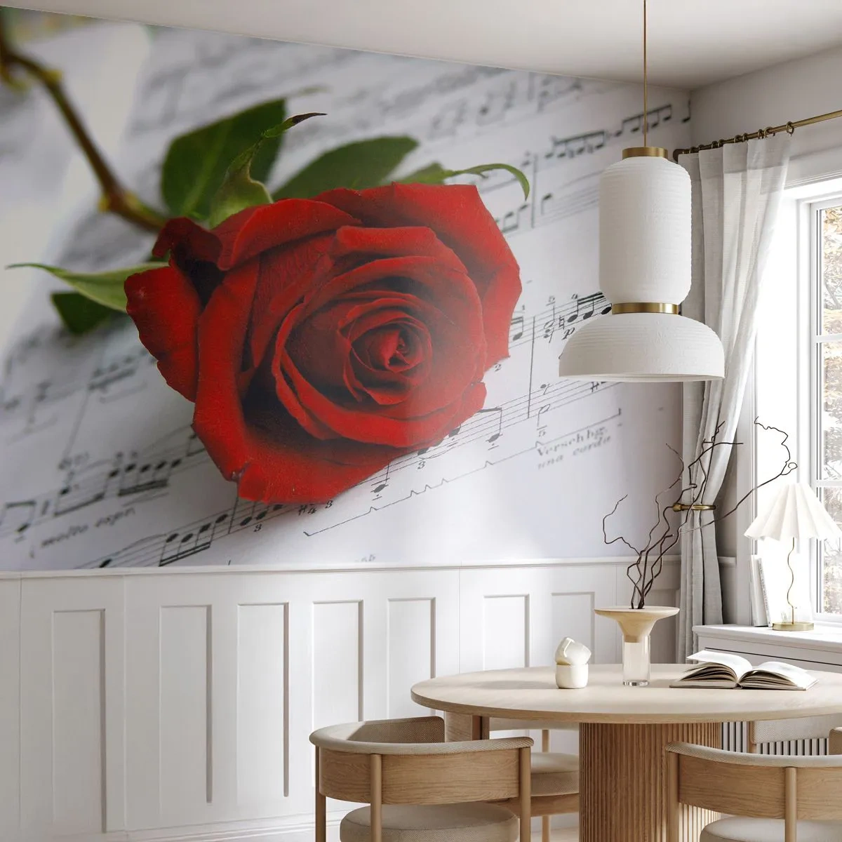 Fototapet Premium Sand - Musik af følelser i skarlagenrødt - Blomster, Rose, musik - 100x70 cm