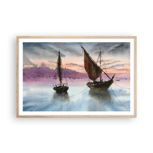 Plakat i ramme af lyst egetræ - Aften i havnen - 91x61 cm
