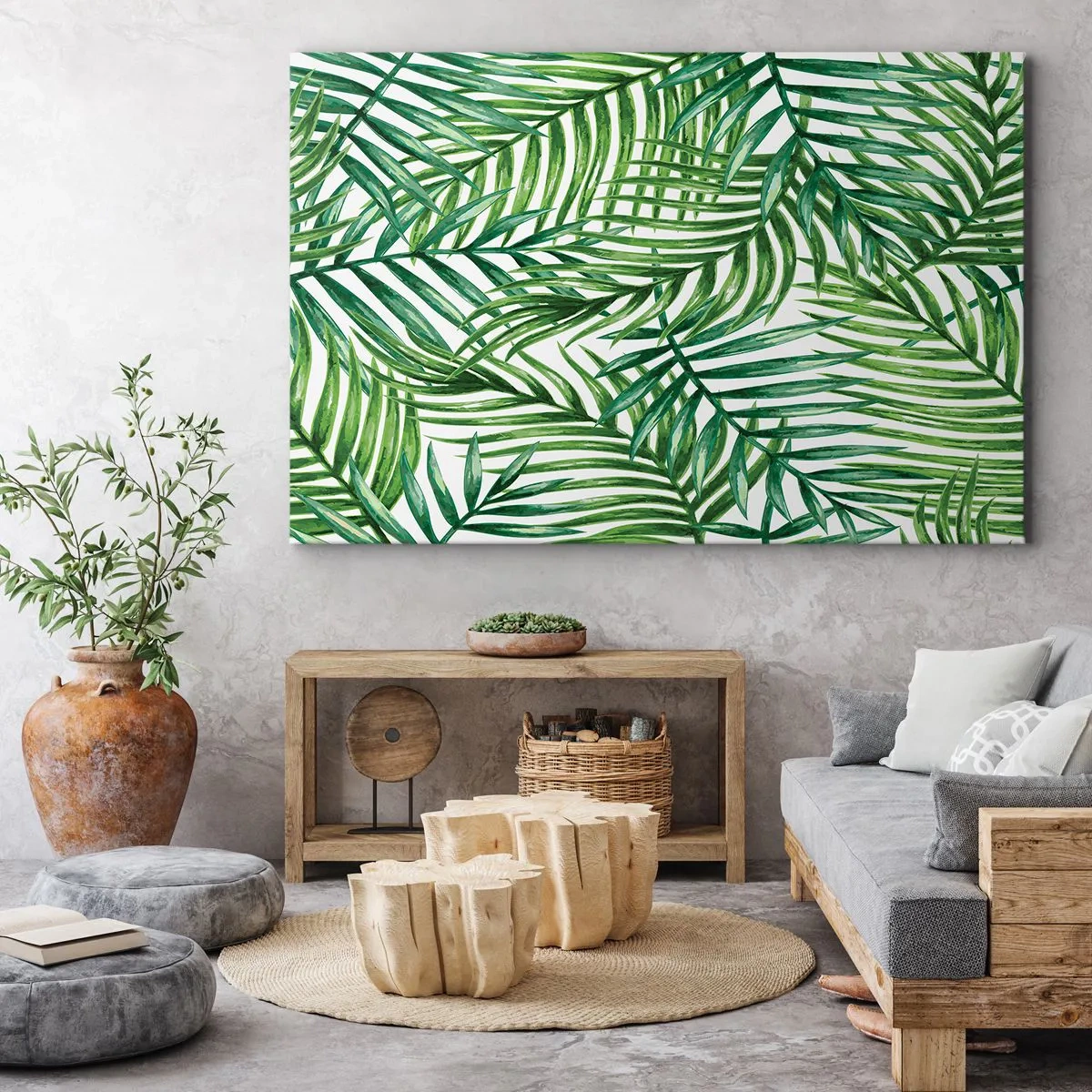 Lærredstryk - Billede på lærred - Grønne tropiske palmeblade på en lys baggrund - 70x50cm - Under det grønne baldakin - Moderne vægdekoration til stue og soveværelse ARTTOR