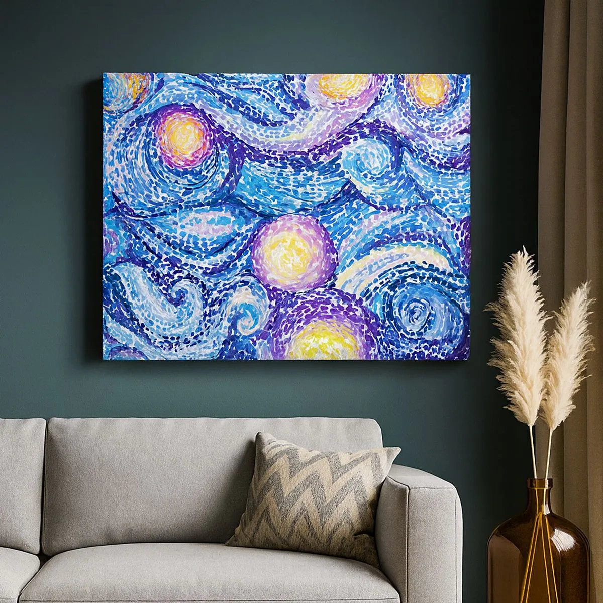 Lærredstryk - Billede på lærred - En kunstnerisk fortolkning af stjernehimlen i Van Goghs stil - 70x50cm - Fra et maleri af van Gogh - Moderne vægdekoration til stue og soveværelse ARTTOR