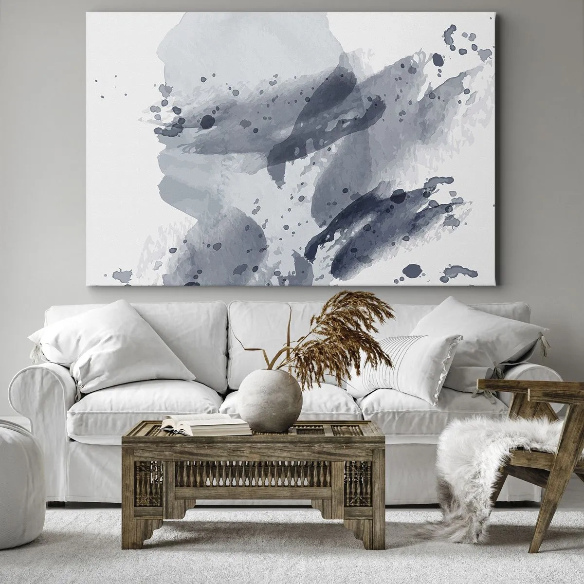 Lærredstryk - Billede på lærred - Abstrakte pletter i blå nuancer på en lys baggrund - 70x50cm - En undersøgelse af vandets natur - Moderne vægdekoration til stue og soveværelse ARTTOR