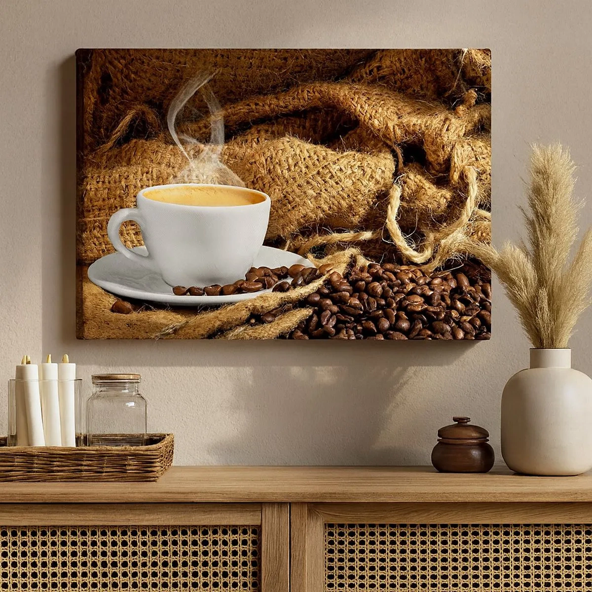 Lærredstryk - Billede på lærred - En kop kaffe omgivet af en pose kaffebønner - 70x50cm - Duften af mokka og honningvæskens tæthed - Moderne vægdekoration til stue og soveværelse ARTTOR