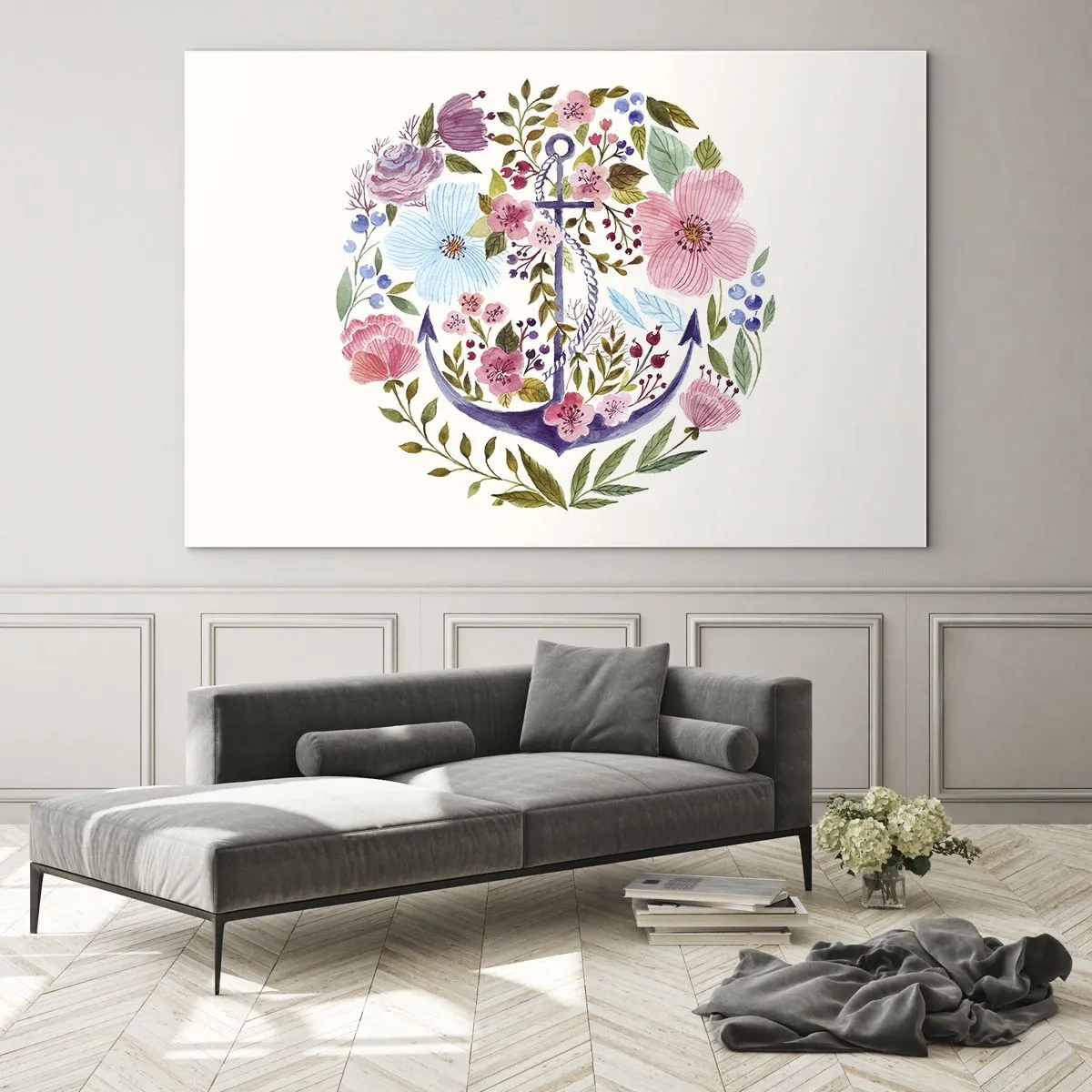 Billede på glas - Et anker omgivet af farverige akvarelblomster - 70x50cm - En sømands gode nattesøvn - Moderne vægdekoration til stue og soveværelse ARTTOR