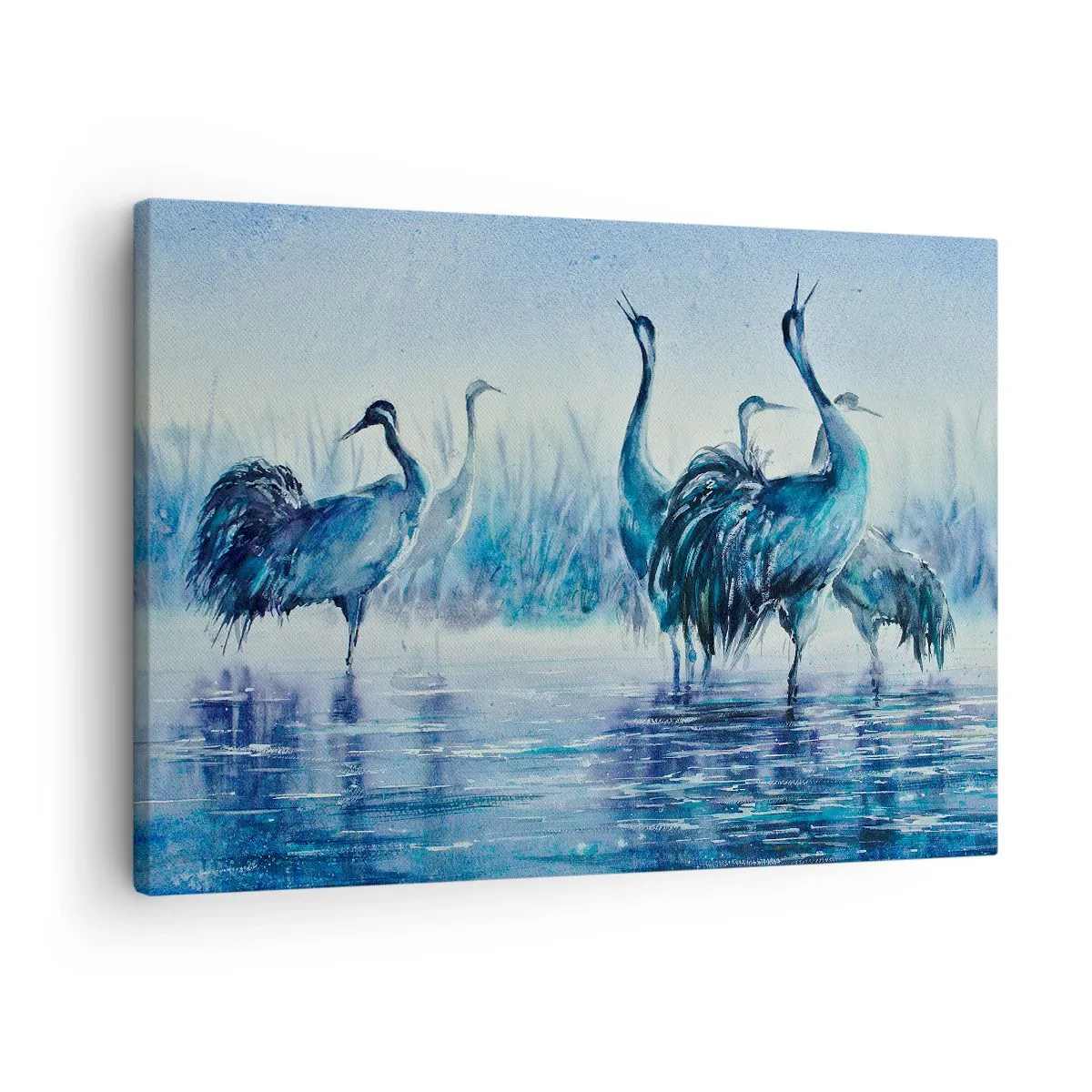 Lærredstryk - Billede på lærred - Traner mod en baggrund af tåge og vand i blå toner - 70x50cm - Morgenmøde - Moderne vægdekoration til stue og soveværelse ARTTOR